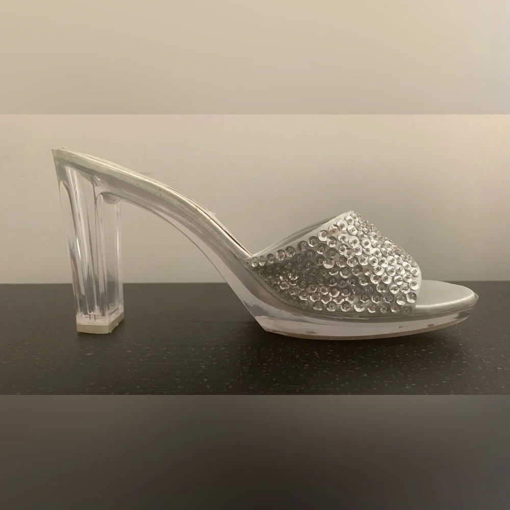Vintage Silver Sequins High Heels with Clear Heels